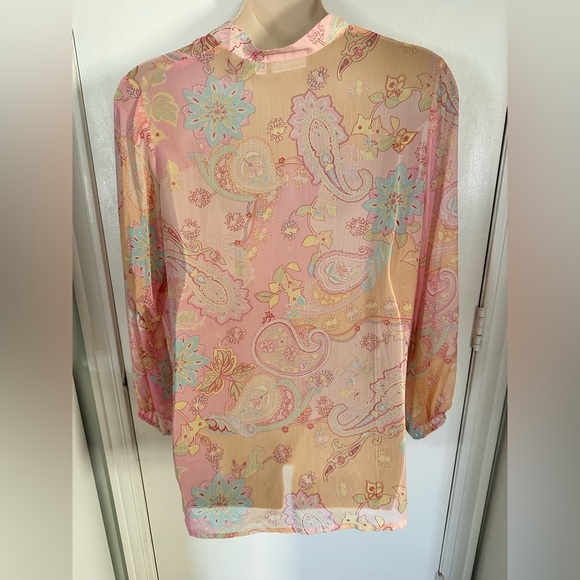 Susan Graver Tunic Blouse Women Pink Sheer Paisley Chiffon Peasant 1X #1688 - Picture 6 of 9